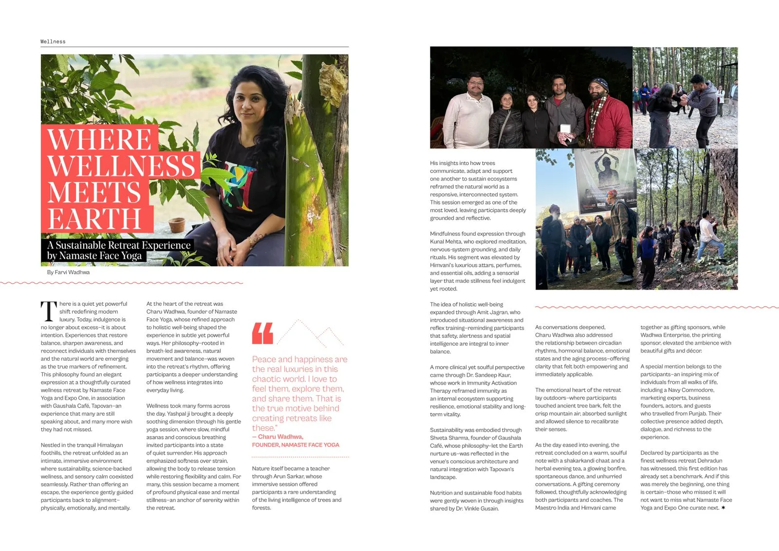Magazine spread titled Where Wellness Meets Earth featuring Charu Wadhwa