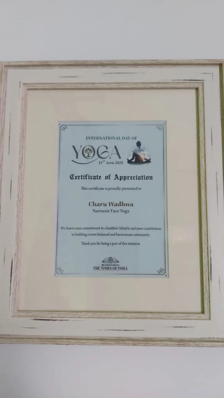 Framed certificate of appreciation presented to Charu Wadhwa for yoga